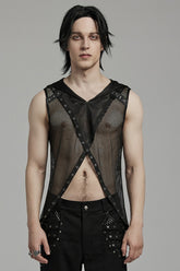Black Sleeveless Irregular Hooded Mesh Eyelet Men's Punk Vest